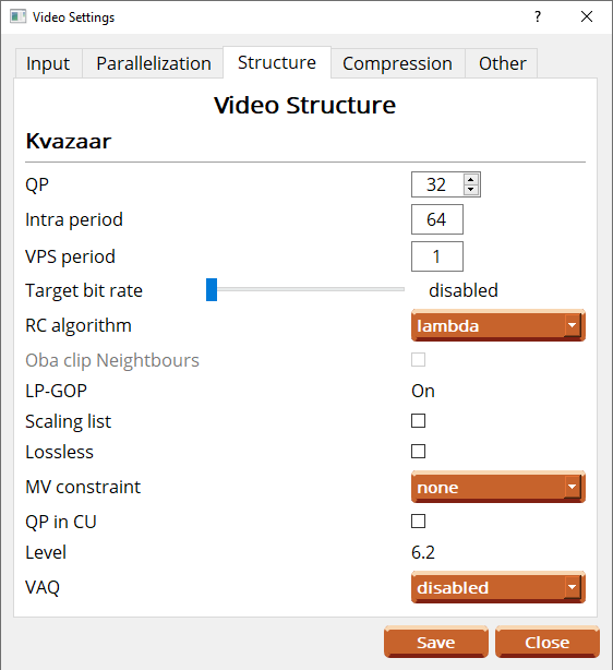 Structures tab of uvgComm video settings for adjusting video encoder parameters.